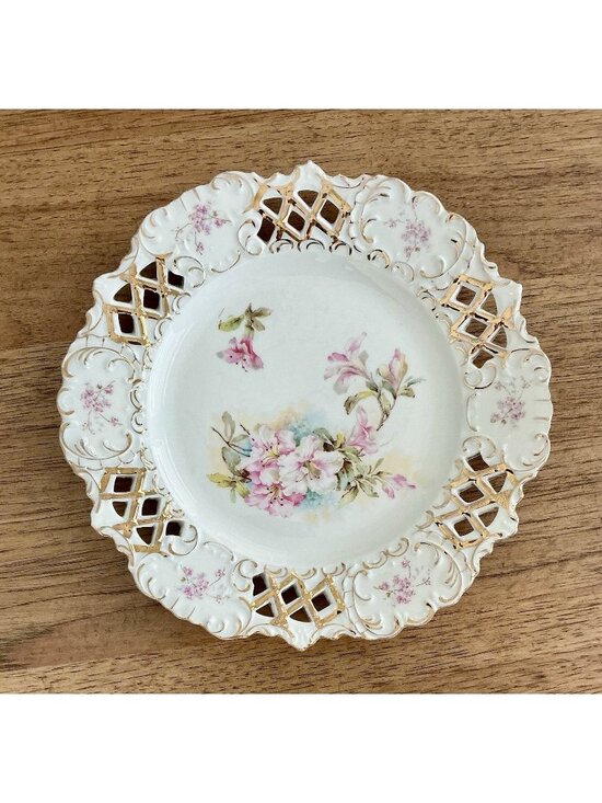Other - Antique Pierced Porcelain Plate Apple Blossom Floral Gold Gilt 10in
